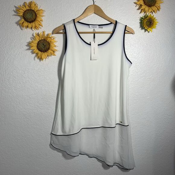 Calvin Klein NWT Assymetrical White Black Sleeveless Chiffon Blouse Size Medium - Picture 4 of 16